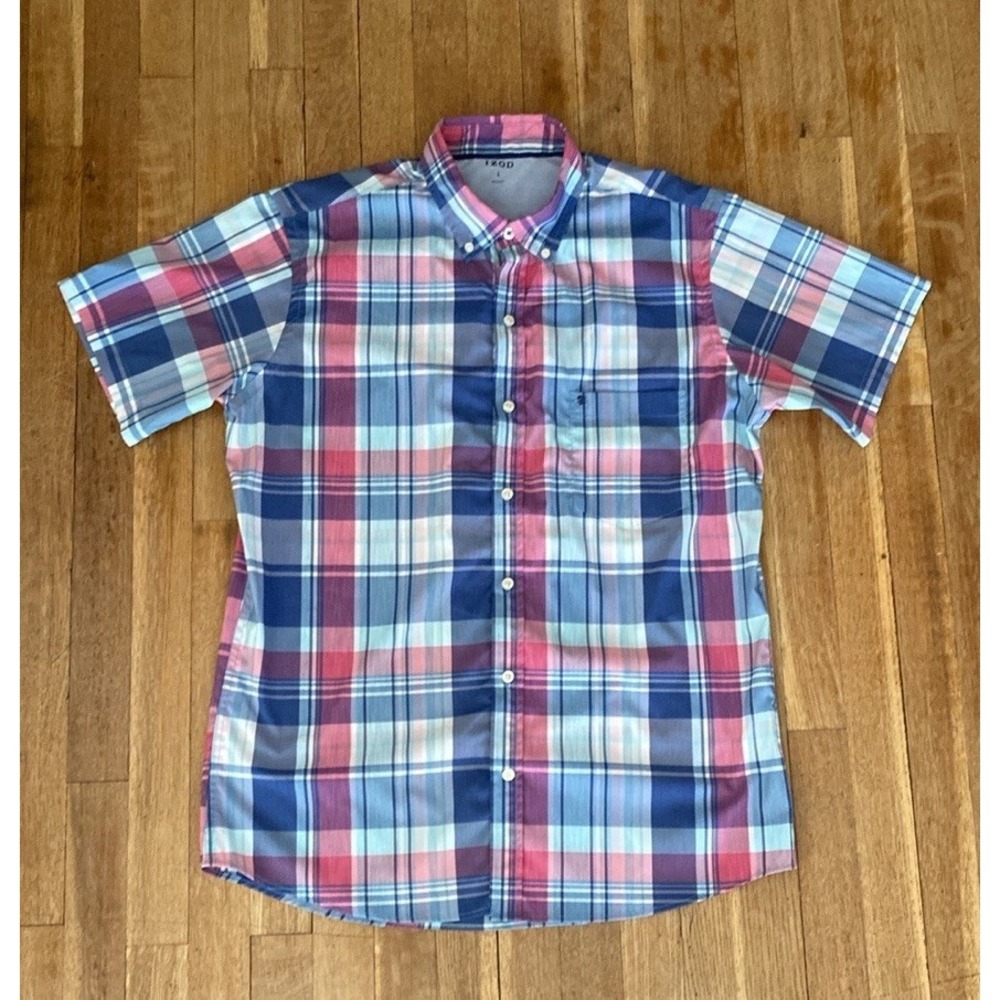 Izod Men's Large Plaid Shirt - Poly Elastane Performance Shirt Blue Red Green